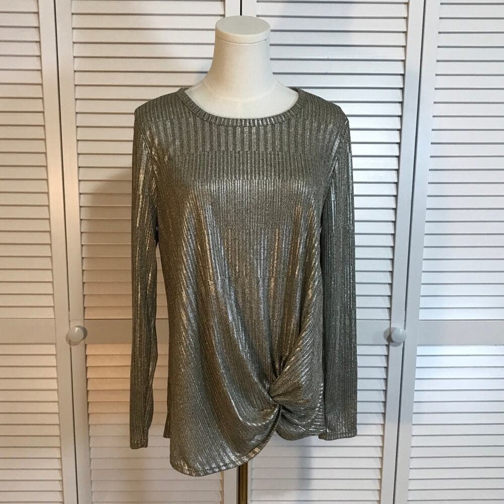 Kim & Cami Chic Y2K Silver Metallic Shimmer Twist Front Blouse M